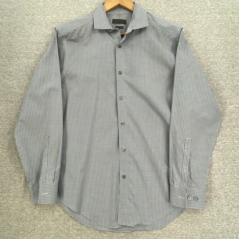 Calvin Klein Shirt Mens 16 Blue Black Button Up Long Sleeve Slim Fit Non Iron